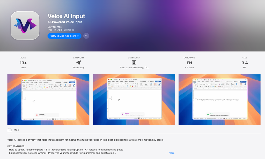 Mac App Store - Velox AI Input Page