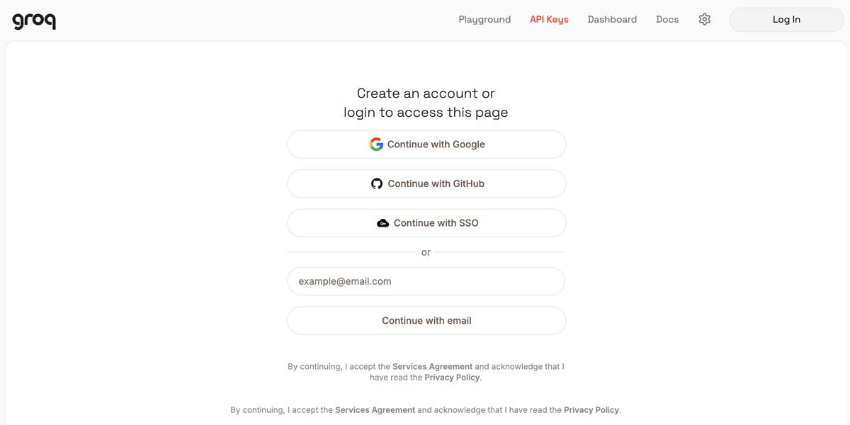 Groq sign up page