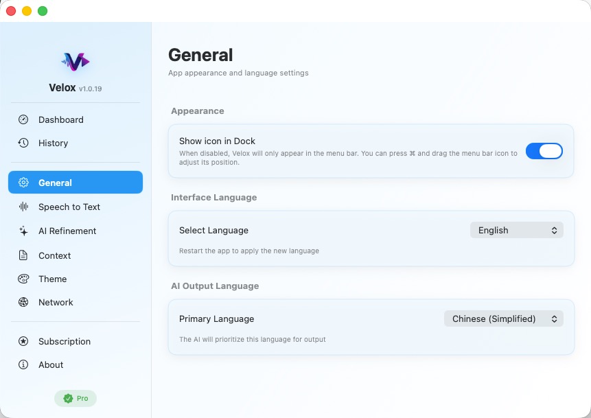Velox Settings - Language Configuration