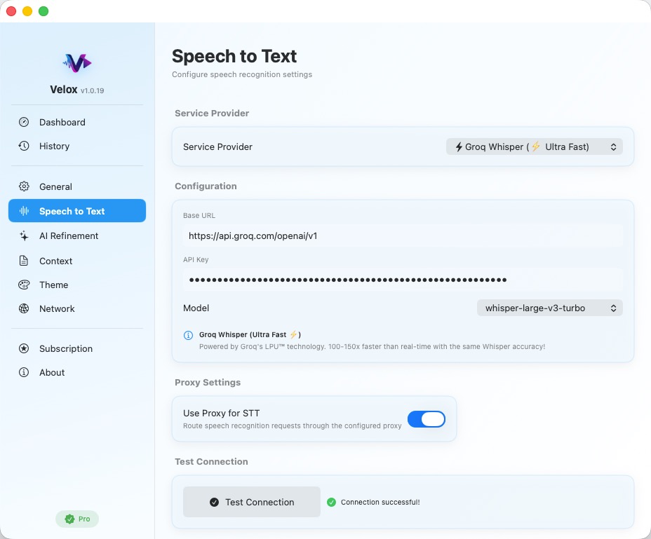 Velox Settings - STT Configuration